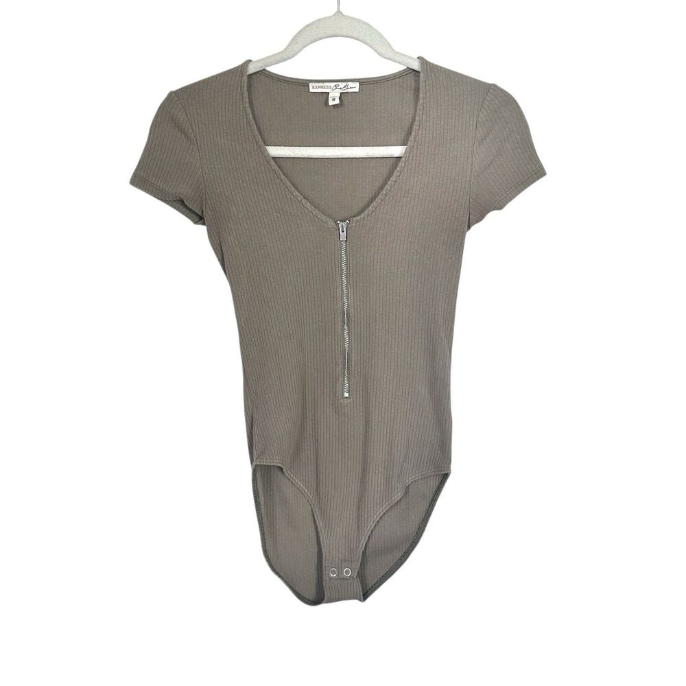 Express One Eleven Women Sz XS Green Quarter Zip One Piece Bodysuit Short Sleeve